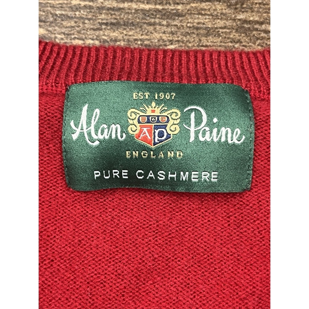 Alan Paine England Sweater Sz Large Red 100% Cashmere Knit V-Neck UK 44 / EU 52 - Picture 2 of 10